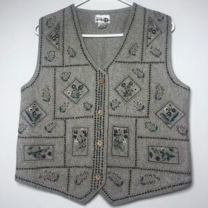 Grandmacore Vintage Vest Wool Blend Gray Embroidered Size Small